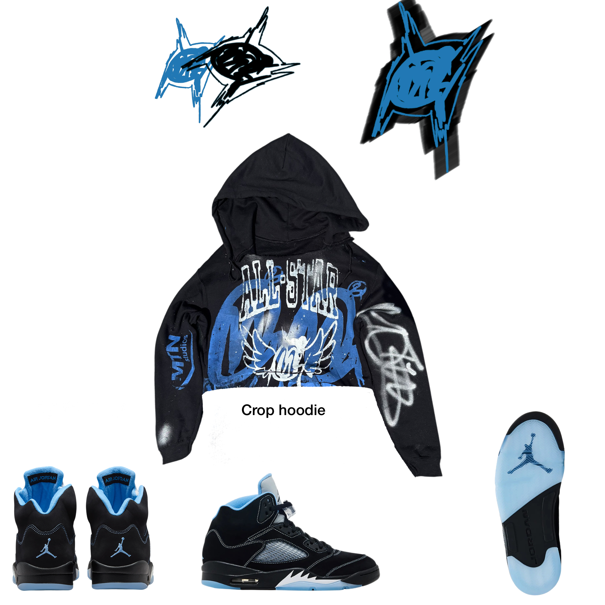 crop Distressed Carolina blue Graffiti Hoodie